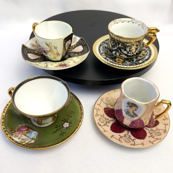 Japanese Vintage Set of 4 Hand Painted Demitasse Porcelain Teacups Saucers #6912 - Picture 9 of 15